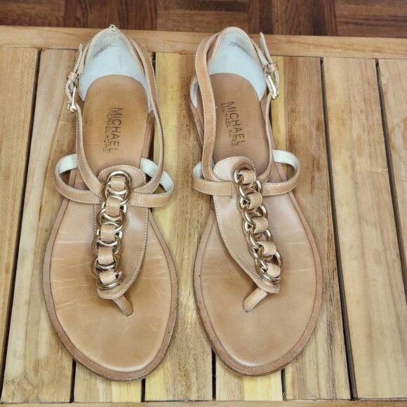 Michael Kors Shoes - [7.5] Michael Kors Tan Leather Flat Sandals Adjustable Straps Chain Link Sz 7.5